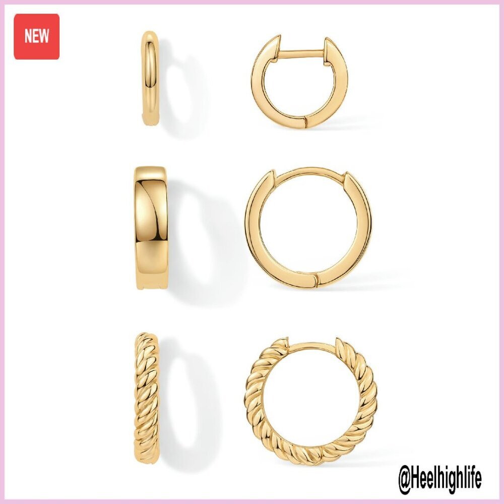 Gold Plated Sterling Silver Hoop Earrings Set - 3 Pairs Huggie Studs
